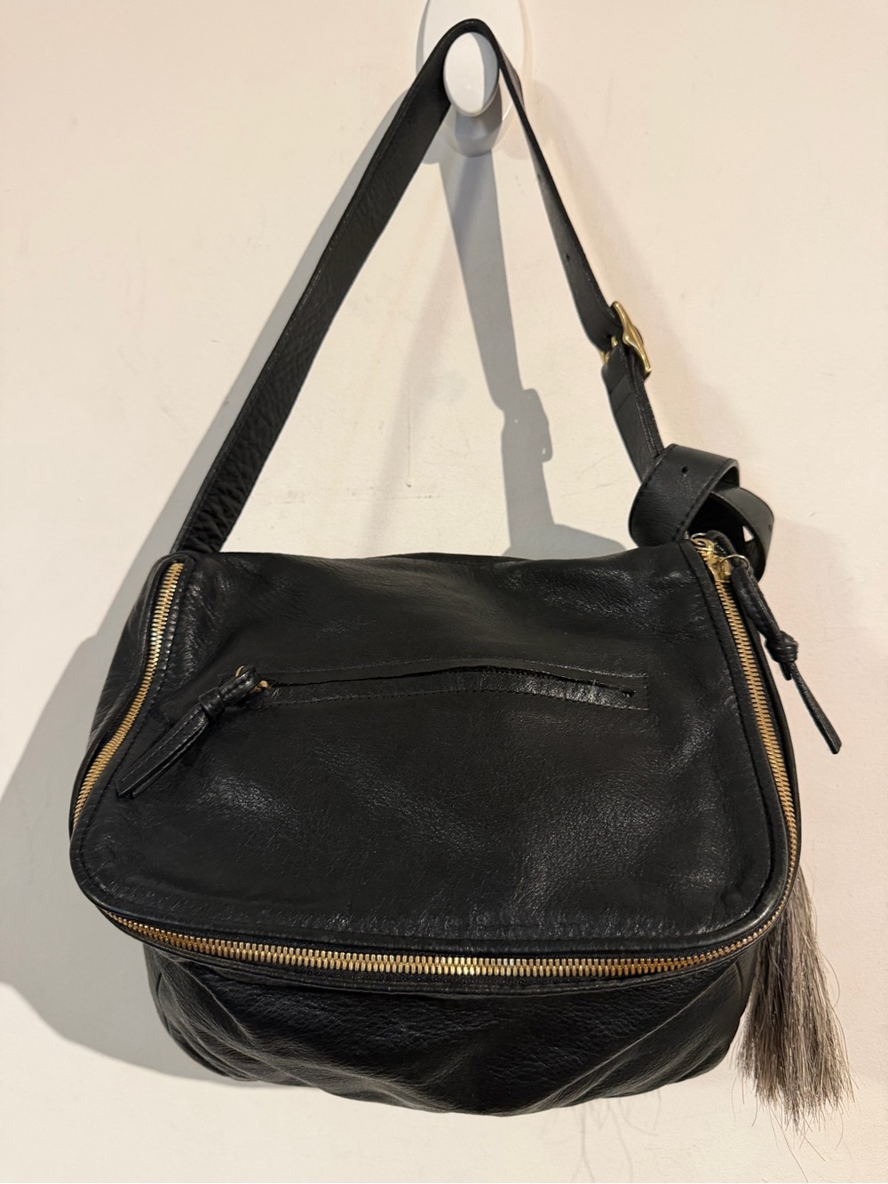 Kempton & co. Black Leather shoulder Bag with Gold Zippers